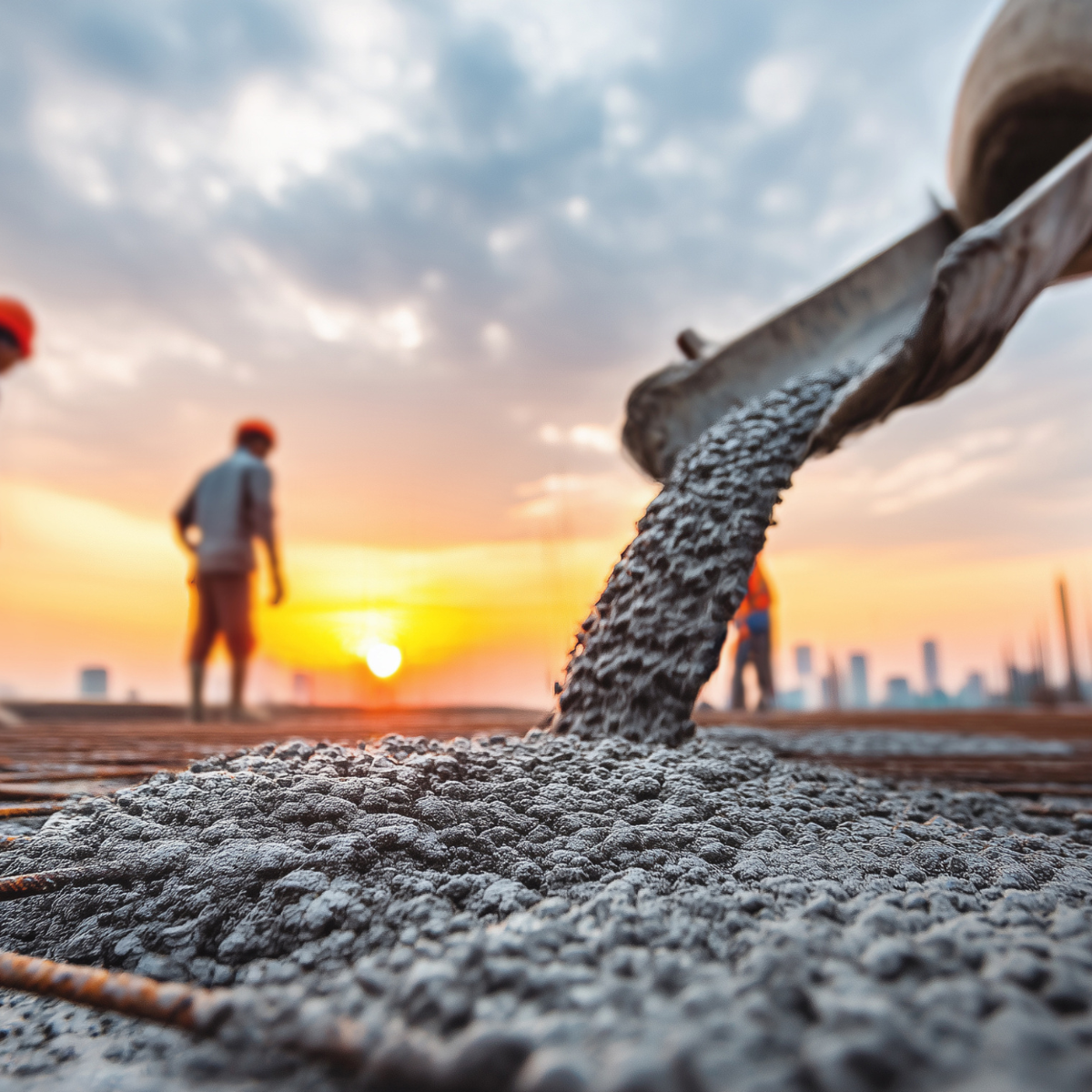Close-up of fresh wet mix pouring from a chute onto a structural rebar grid during a foundation pour by commercial concrete contractors at sunset.