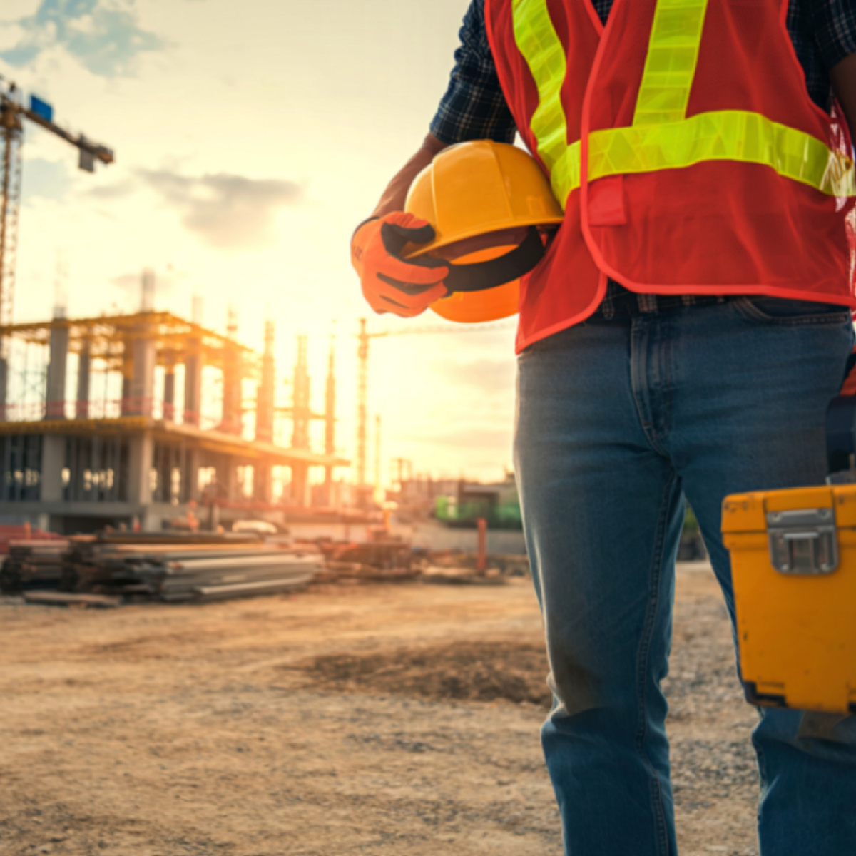 Construction worker holding a hard hat at a job site providing commercial construction services in Texas.